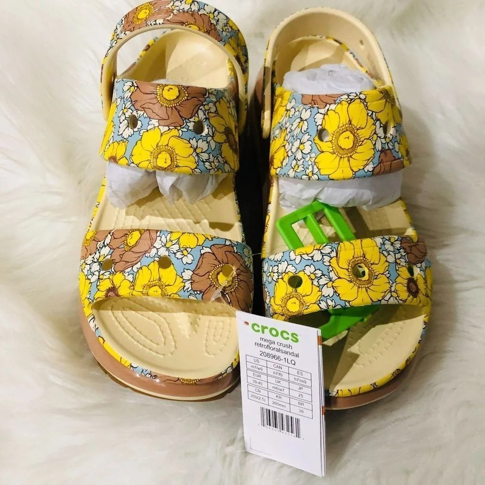 Crocs Mega Crush Retro Floral Sandal Bone‎ Multi Sunflower Platform Size M7 W9